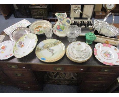 A Royal Doulton Mr Pickwick pictorial plate, A small Clarice Cliff trough vase, a Masons jug, early to mid 20th century china