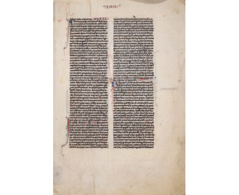 Single leaf from a French Bible on vellum, written in Latin in black ink in a regular gothic book hand, double column, 53 lin