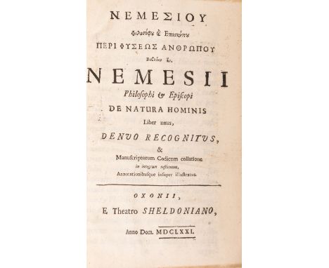 Nemesios, Bishop of Emesa.&nbsp;De natura hominis, Greek &amp; Latin text, contemporary calf, endpapers from an old Bible, [W