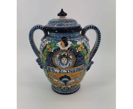 ALBARELLO / APOTHEKERGEFÄSS, 20. Jh., Italien, Majolika, auf Klebeetikett im Deckel bezeichnet "Ceramiche Bertini / HAND MADE