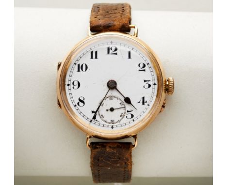 SWISS 18CT 'TRENCH' MANUAL WRISTWATCH, the white enamel dial with black Arabic numerals and subsidiary seconds dial, the hing