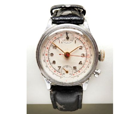 TRIPLE PUSHER STEEL MILITARY CHRONOGRAPH, PROBABLY BY PIERCE, c1945-50, case back with broad arrow, PATT 3169 and 1633 serial