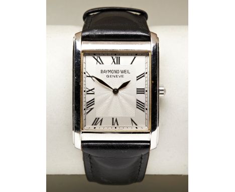 RAYMOND WEIL DON GIOVANNI STAINLESS STEEL QUARTZ TANK, silver engine turned radiating dial, style no. 9973/1 with original bl