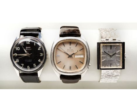 ACCURIST 21 JEWEL MANUAL WIND STEEL TANK, c1970s, the cross-hatched dial with baton numerals and bark effect steel bracelet, 