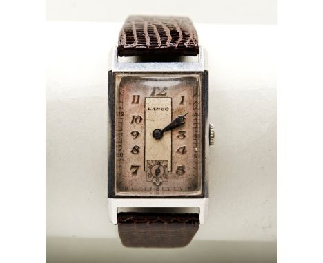 LANCO ART DECO MANUAL WIND STEEL TANK WRISTWATCH, with two-tone dial, raised Arabic gold numerals, subsidiary seconds dial, a