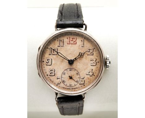SWISS SILVER 'TRENCH' MANUAL WRISTWATCH, the dial with 'skeleton' Arabic numerals and subsidiary seconds dial with later leat