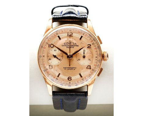 CORESA 18CT MANUAL WIND 'CHRONOGRAPHE SUISSE', c1950, antimagnetic, 17 Jewels, with Arabic and block numerals and later leath