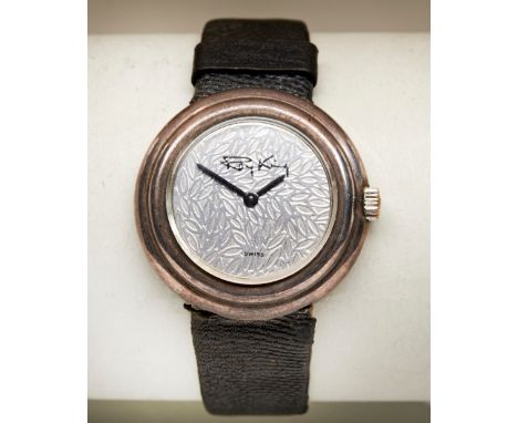 ROY KING SILVER MANUAL WIND UNISEX WRISTWATCH, the leaf effect dial with black signature the case back with large trademark h