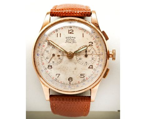 DOGMA 'PRIMA', 18CT MANUAL WIND CHRONOGRAPH, c1945, antimagnetic, 17 jewels with Arabic numerals and later lizard/calf strap.
