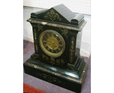 ARCHITECTURAL MANTEL CLOCK, Victorian black slate and marble, dial inscribed 'C. Day, 6 Bank Buildings, Church Street, Camber