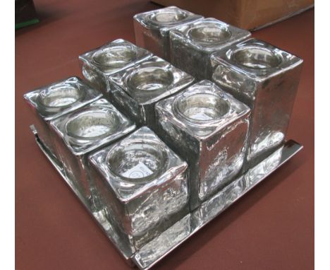 NIGHT LIGHT HOLDER, a pair, three tiers in mirrored glass on chromed metal tray, 26cm x 23cm x 13cm H. (2)