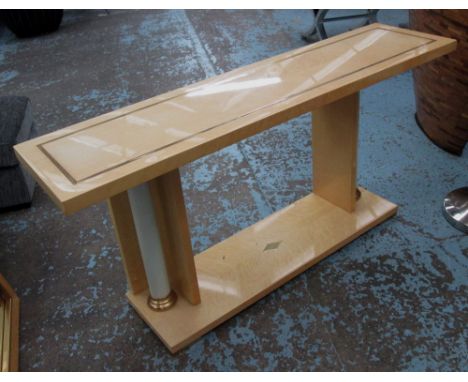 CONSOLE TABLE, with two white pillars and inlaid brass detail, 38cm D x 74cm H x 150cm W. 