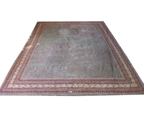 SIGNED VINTAGE SENNEH DESIGN CARPET, 413cm x 329cm, full field boteh decoration inside multiple geometric bands. 