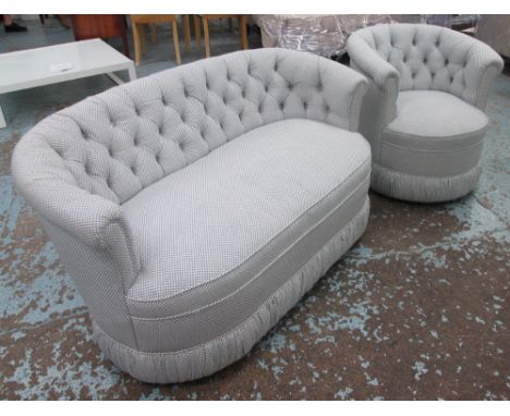 SOFA, of small proportions with a curved, buttoned back and blue patterned upholstery, 134cm W, and a matching tub chair, 68c