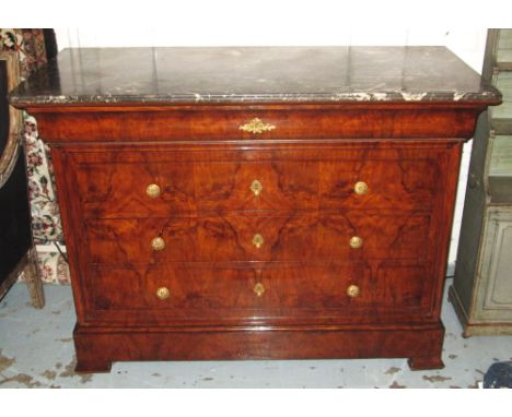 COMMODE, 19th century French Louis Philippe figured walnut with St. Anne's grey marble top and five long drawers, 128cm x 58c