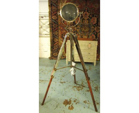 FLOOR STANDING LAMP, chrome and brass on a tripod stand, approximately 172cm H. 