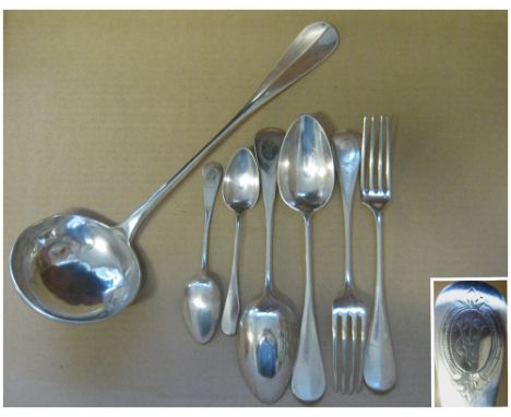 FRENCH SILVER CUTLERY, 19th century, each piece with engraved family crest, comprising eleven dessert spoons, ten dinner fork