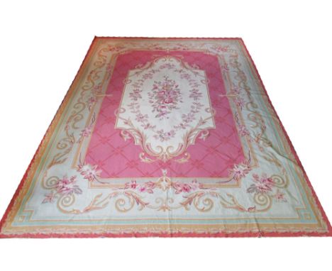 VERY FINE VINTAGE AUBUSSON SAVONERIE DESIGN NEEDLEPOINT CARPET, 405cm x 280cm, traditional design on a rose field and azure b