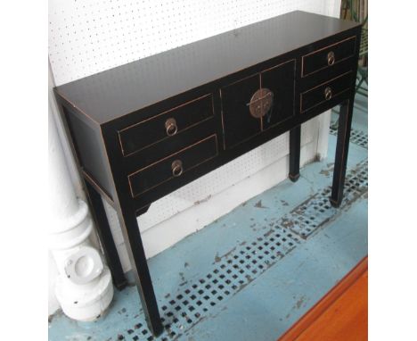 CONSOLE TABLE, Chinese style, black lacquer finish, with four drawers and cupboard below, 95cm x 28cm x 79cm H.