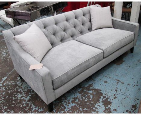 SOFA, two seater, in grey button back fabric on square supports plus two scatter cushions, 184cm L.