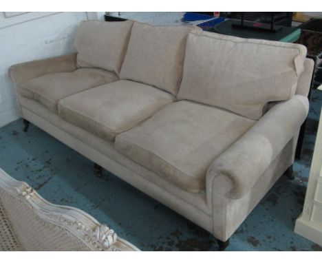 SOFA, traditional style, 252cm L x 98cm D x 95cm H. (with faults, one back leg missing)