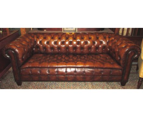 CHESTERFIELD SOFA, traditional design faded tan brown leather with deep button upholstered back arms and seat, 220cm W. 