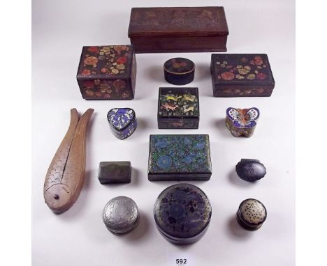 A 19th century papier mache snuff box and various other decorated wooden and lacquer boxes