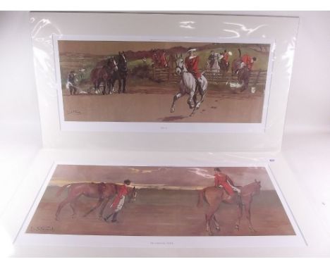 After Lionel Edwards - two colour prints "Rails" and "Returning Home" hunting prints mounted, unframed - 25 x 56cm