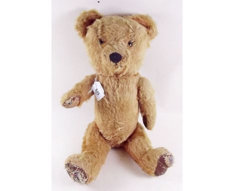 A gold mohair wind up musical teddy bear - plays  Brahms lullaby - 42cm 