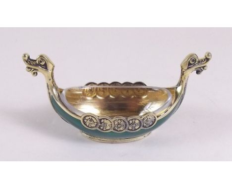 A Norwegian sterling silver and green enamel novelty salt in the form of a Viking ship 