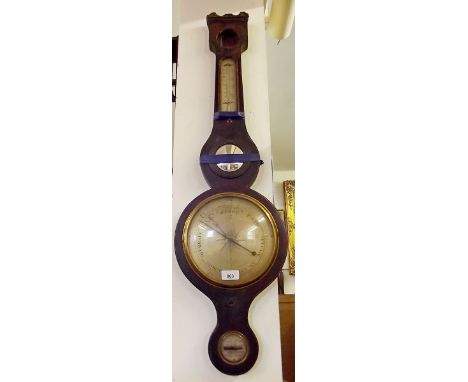 A mahogany wheel barometer/thermometer by J Pelafino, Taunton - poor condition with no mercury