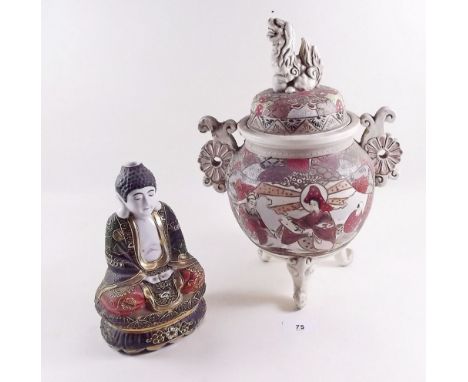 A Japanese late Satsuma vase and cover with Kylin lion to lid - 33cm and a novelty table lamp in form of a seated man - 20cm