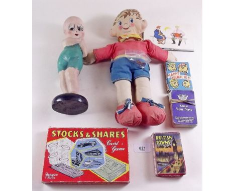 A plaster 1920's figure of a bather, a fabric Noddy doll and various games, comics etc plus an enamel Noddy badge 1962