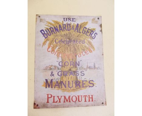 An antique enamel and metal advertising sign "Use Burnard & Algers Corn & Grass Manures" 60 x 46cm