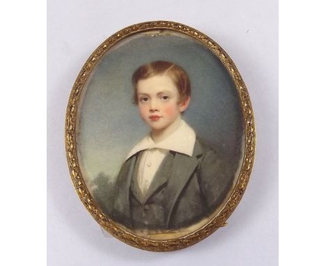 A fine 19th century watercolour miniature portrait of a boy, monogramed W.P.N 1846 and another miniature of a young woman, bo