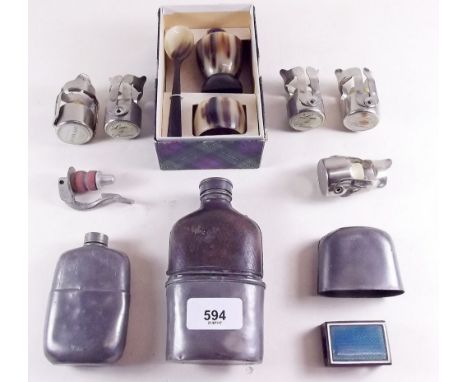 A box of collectables to include spirit flask and enamel vesta case