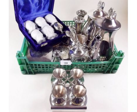 A silver plated coffee set, egg cup stand and other silver plated items 