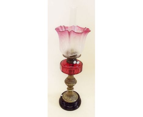 A Victorian cranberry glass oil lamp with etched glass shade - the shade a/f