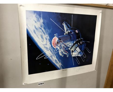 An original signed print entitled Alexei Leonov's 'First Walk' hand signed, numbered and remarqued lithograph. 500/500