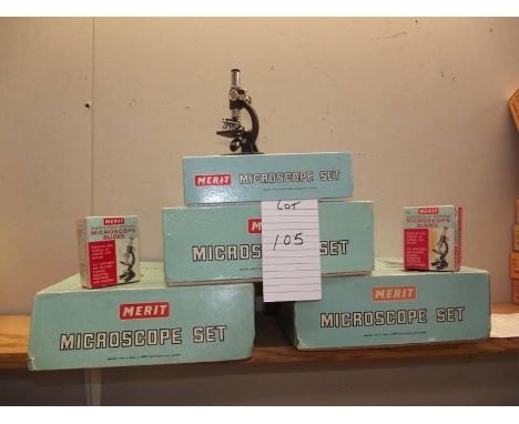 4 Merit microscope sets, all microscopes present but some components may be missing, plus 2 boxes of slides (1 box missing 1 