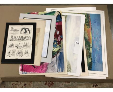 A portfolio of paintings, artist signed prints, limited editions, prints, including two Louis Wain Cat prints, abstract paint