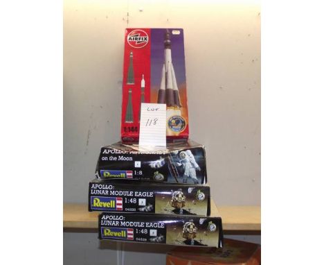 3 Revell kits; Apollo; Lunar Module eagle 1:48 x 2, Apollo astronaut 1:8 scale and an Airfix Vostok 1 scale 1:144, all unasse