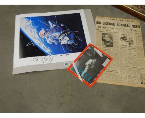 An original signed print entitled Alexei Leonov's 'First Walk' hand signed, numbered and remarqued lithograph, a newspaper si