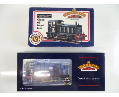 A pair of BACHMANN diesel shunting locomotives comprising a Class 03 in BR blue together with a Class 08 in BR black liveries