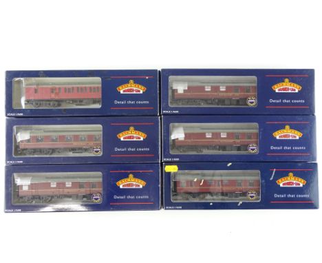 A group of BACHMANN BR Mark 1 passenger coaches in crimson and maroon liveries - G/VG in G/VG boxes (6)