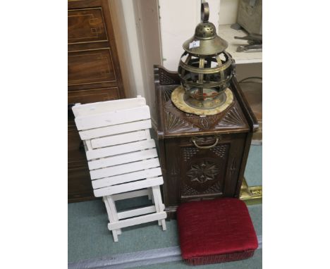 A carved mahogany coal depot, a wall clock (def) , two folding stools, brass lantern (no glass) and small stool (6) Condition