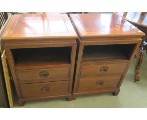 A pair of Chinese hardwood side cabinets with open shelf and two drawers, 77cm high x 51cm wide x 46cm deep (2) Condition Rep