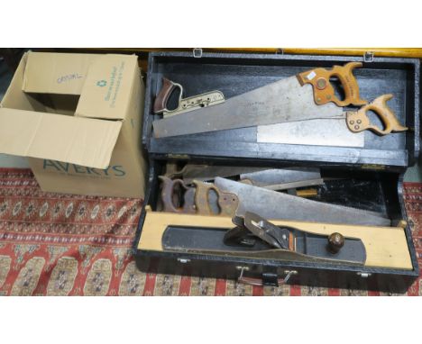A wooden joiners box with assorted tools, Spear and Jackson, Stanley etc Condition Report: Available upon request