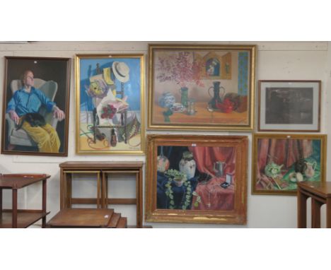 Four still life oil paintings by Alec Gardner, a portrait and a monoprint by Blair Anderson (6) Condition Report: Available u