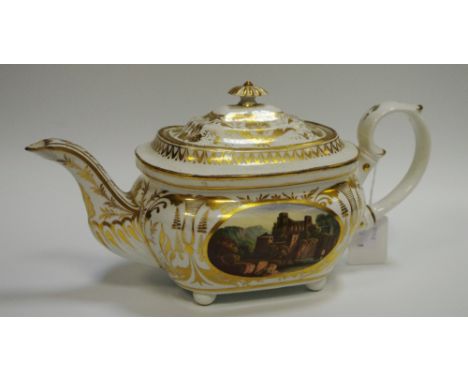 A Derby Named View boat shaped teapot and cover, painted possibly by Daniel Lucas, with View in Germany and View in Italy, am